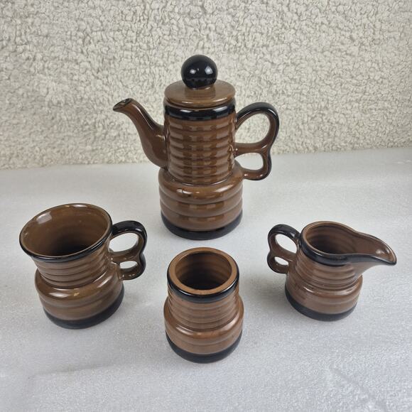 Vintage 1960s Japan Glazed Ribbed Ceramic Coffee Tea Set Pot Sugar Mug 6-Pc - Picture 11 of 12